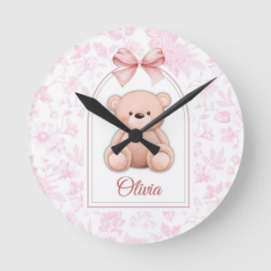 Olivia Custom Pink Teddy Bear Nursery Design Round Clock