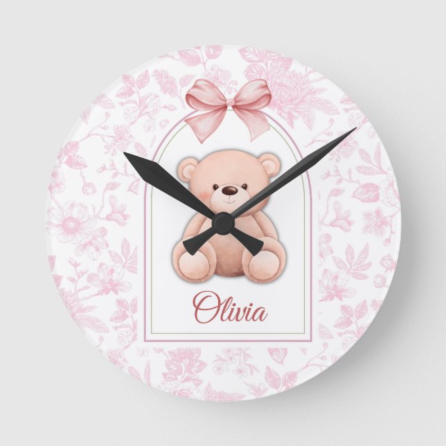 Olivia | Custom Pink Teddy Bear Nursery Design  Round Clock (Front)