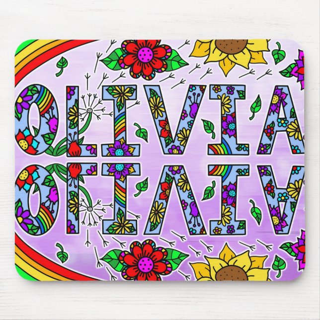 Olivia, Digital Folk Art Style Girl's Name Mouse Mat (Front)