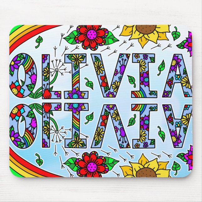 Olivia, Digital Folk Art Style Girl's Name Mouse P Mouse Mat (Front)