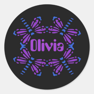 Olivia, dragonflies in blue & purple on black classic round sticker