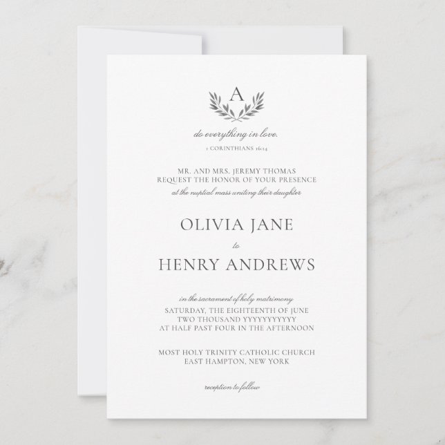 Olivia Elegant Grey Monogram Catholic Wedding Invitation (Front)