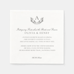 Olivia Elegant Grey Monogram Wedding Fun Facts Napkin