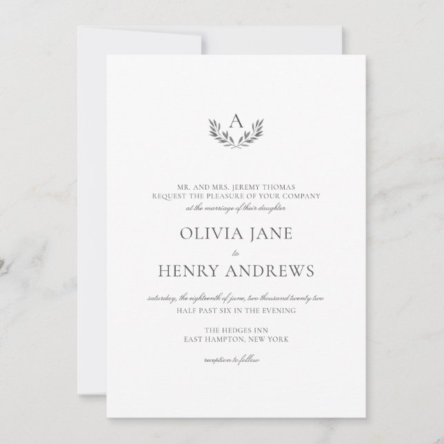 Olivia Elegant Simple Grey Monogram Wedding Invitation (Front)