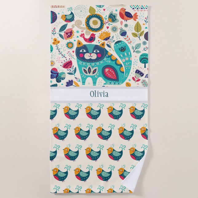 OLIVIA - Girls Name Gift - COZY Folk Art CAT Beach Towel (Front)