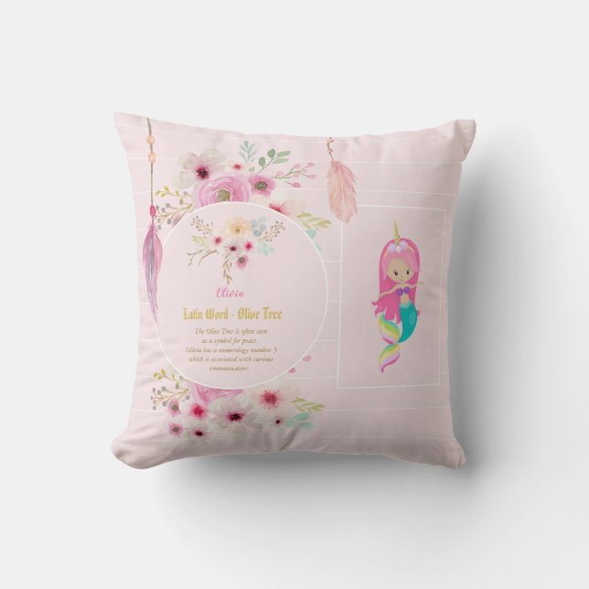 OLIVIA - Girls Name Meaning Gift - Mermaid Unicorn Cushion (Front)