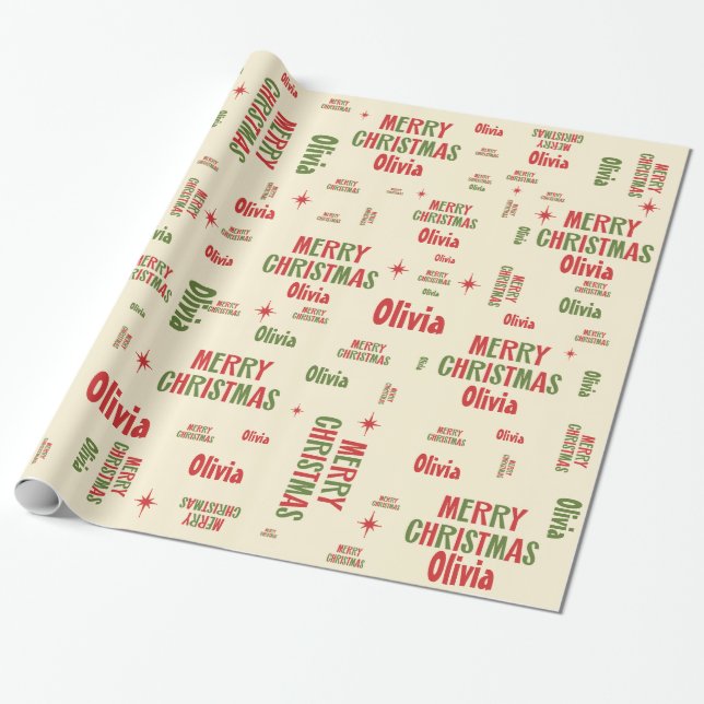 Olivia Merry Christmas Retro Personalised Name Wrapping Paper (Unrolled)