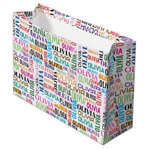 OLIVIA Name in Rainbow Colors On White Large Gift Bag