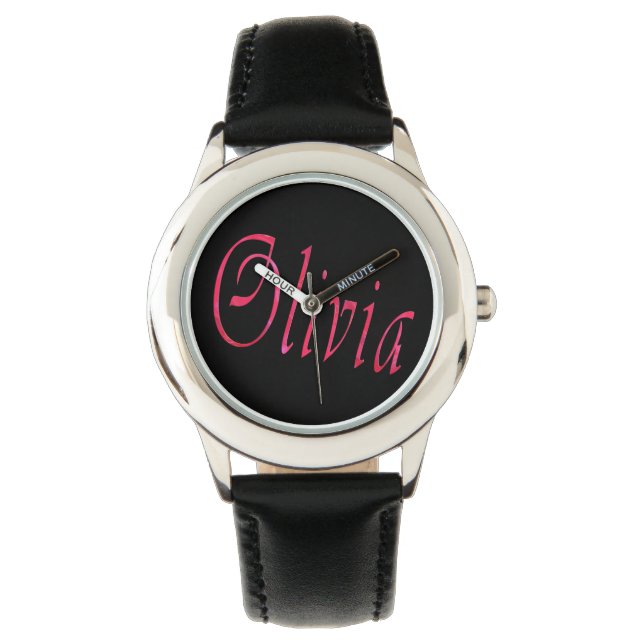 Olivia, Name, Logo, Girls Black Leather Watch. Watch (Front)