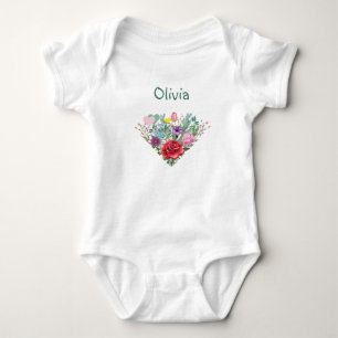 Olivia Personalize Name Flowers Twins 2 Hearts Baby Bodysuit