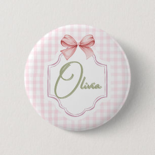 Olivia Personalized Pink Bow & Gingham Print 6 Cm Round Badge