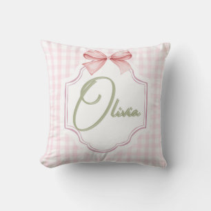 Olivia Personalized Pink Bow & Gingham Print  Cushion