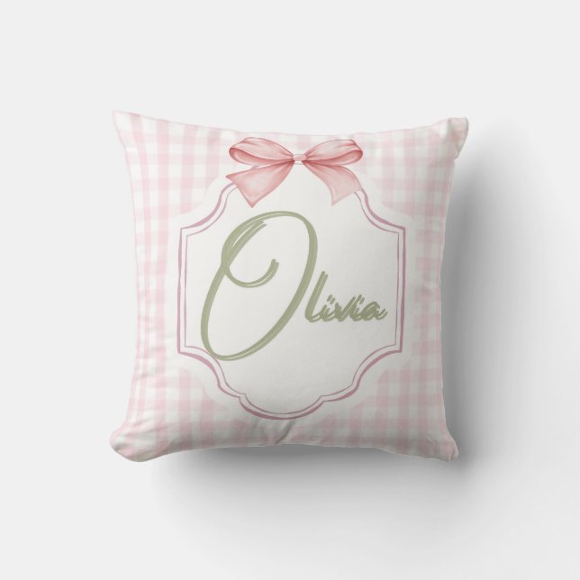 Olivia Personalized Pink Bow & Gingham Print  Cushion (Front)