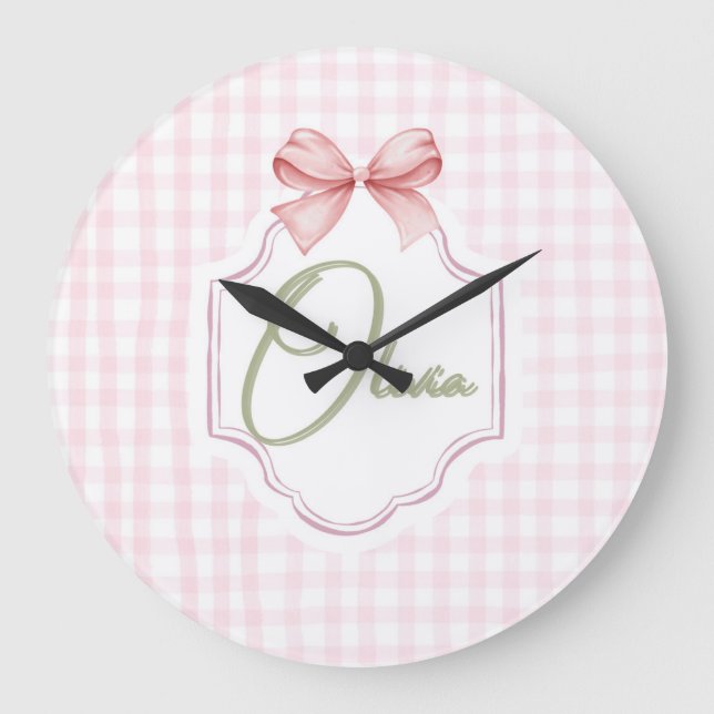 Olivia Personalized Pink Bow & Gingham Print  Large Clock (Front)