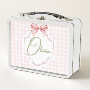 Olivia Personalized Pink Bow & Gingham Print  Metal Lunch Box