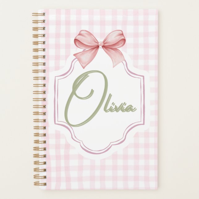 Olivia Personalized Pink Bow & Gingham Print  Planner (Front)