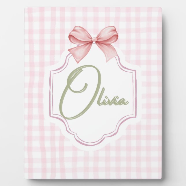 Olivia Personalized Pink Bow & Gingham Print  Plaque (Front)