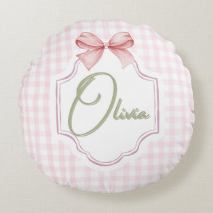 Olivia Personalized Pink Bow & Gingham Print  Round Cushion