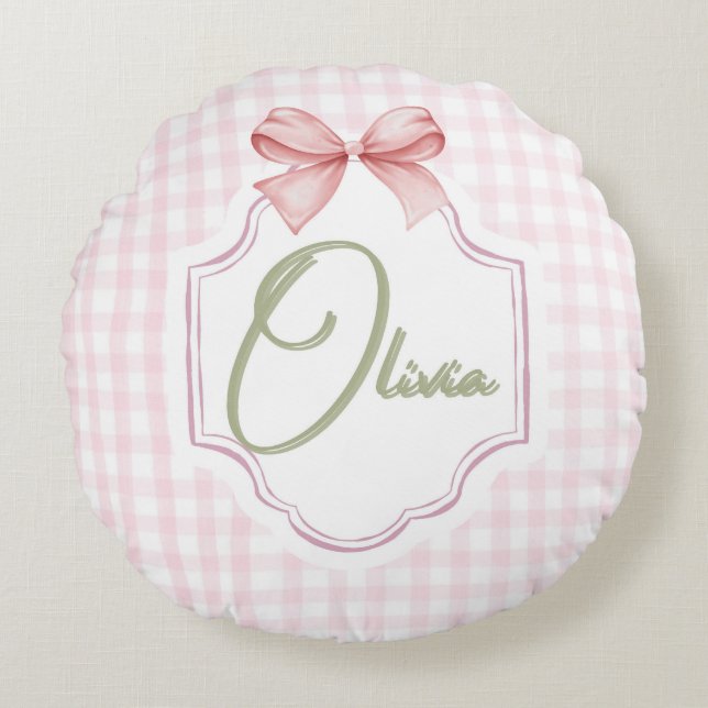 Olivia Personalized Pink Bow & Gingham Print  Round Cushion (Front)