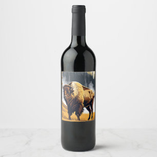 Olympic National Park Bison Buffalo Watercolor Wine Label