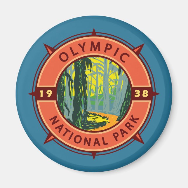 Olympic National Park Hoh Rainforest Retro Compass Magnet (Front)