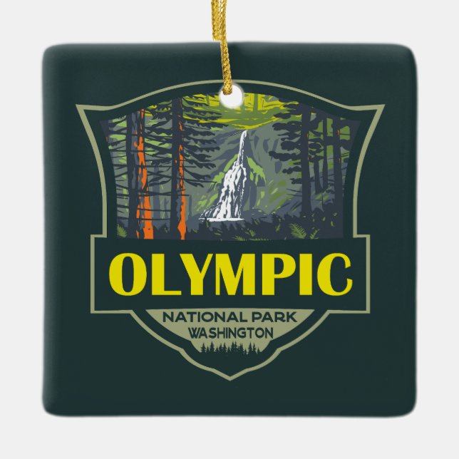 Olympic National Park Illustration Retro Ceramic Ornament (Front)