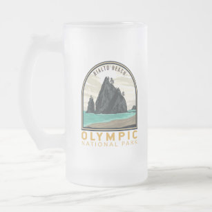 Olympic National Park Rialto Beach Vintage Emblem Frosted Glass Beer Mug
