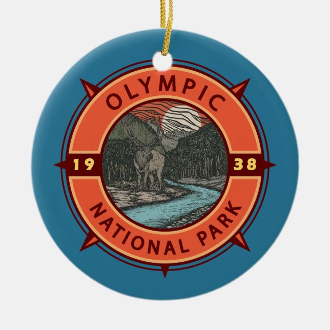 Olympic National Park Roosevelt Elk Retro Compass Ceramic Tree Decoration (Front)