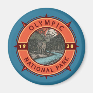Olympic National Park Roosevelt Elk Retro Compass Magnet