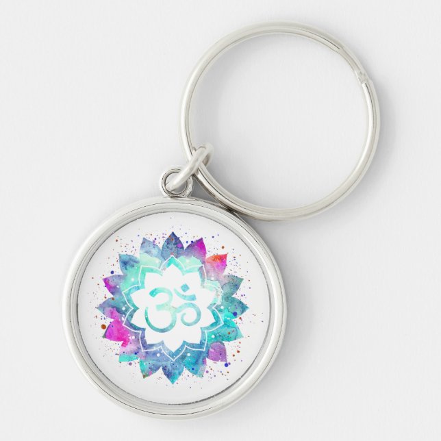 *~* OM AUM Symbol Lily Lotus Watercolor  Mandala Key Ring (Front)
