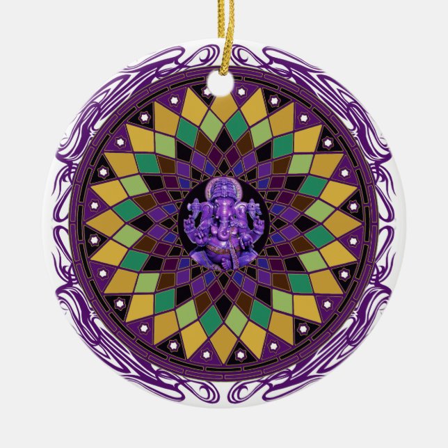 Om Ganesh Mandala Ceramic Tree Decoration (Front)