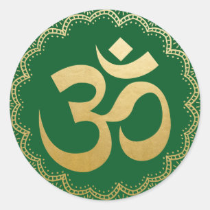 Om HIndu Meditation Symbol Yoga Faux Gold Green Classic Round Sticker