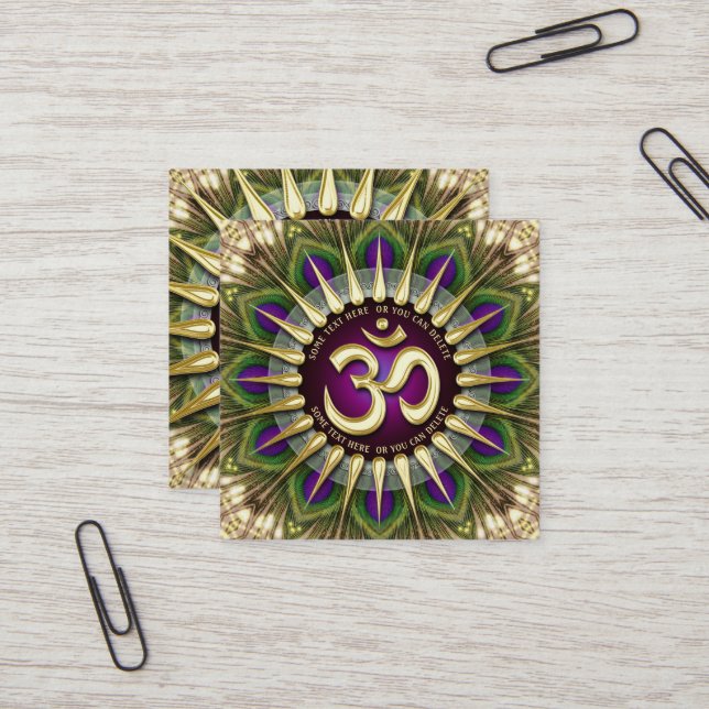 OM Holistic Purple Green Peacock Mandala Square Square Business Card (Front/Back In Situ)
