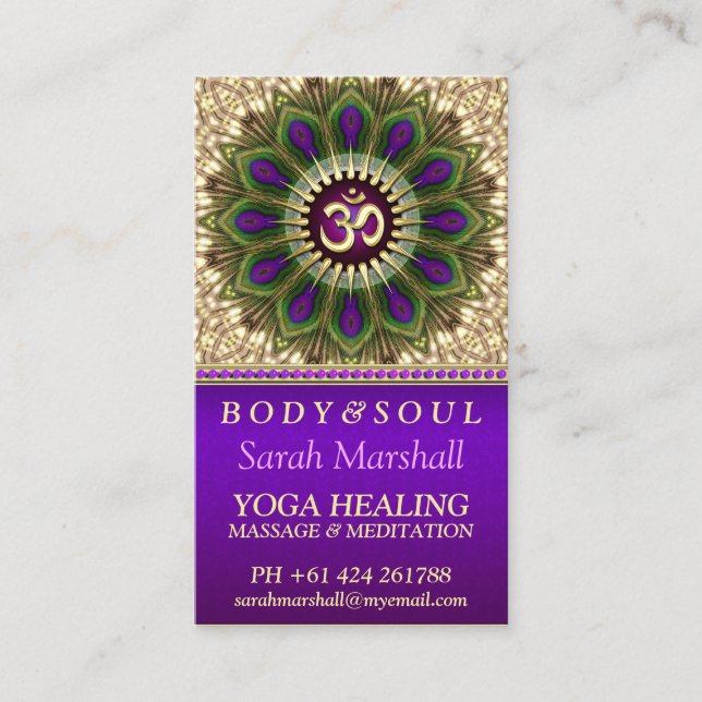 OM Holistic Royal Purple+Green Peacock Mandala Business Card (Front)