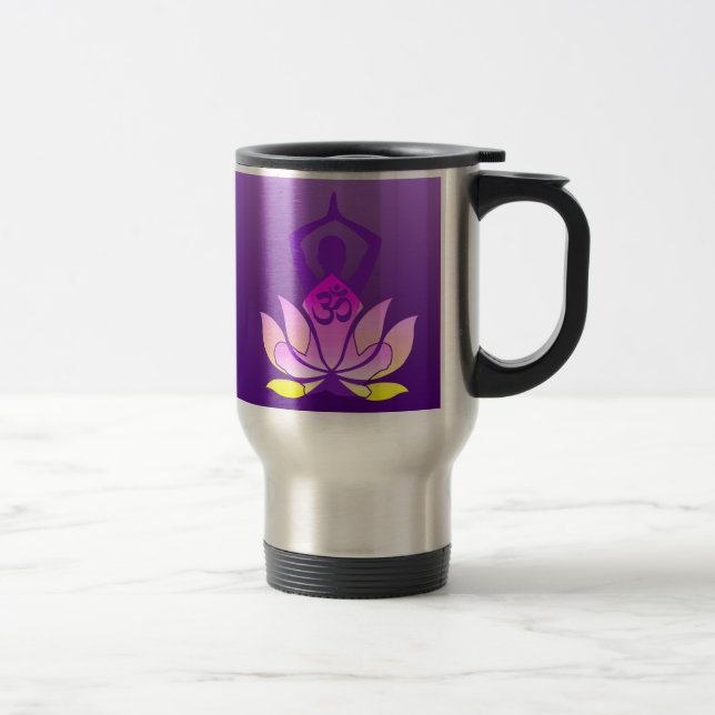 Om Lotus Flower Yoga Pose on Purple Gradient Travel Mug (Right)