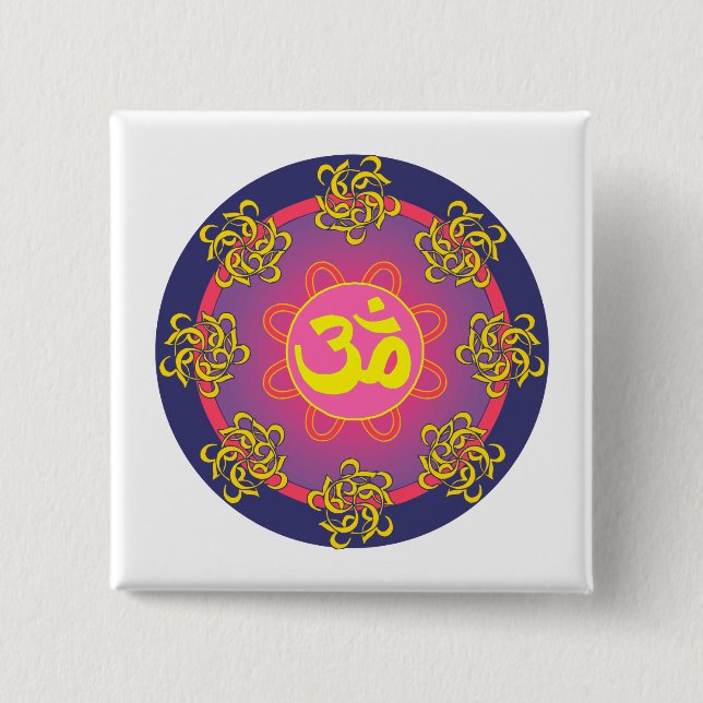 Om Mandala Blue Border 15 Cm Square Badge (Front)