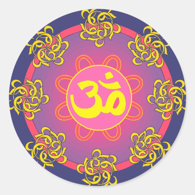 Om Mandala Blue Border Classic Round Sticker (Front)