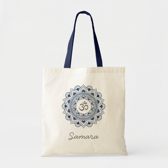 Om Mandala Lotus Name Navy Blue Yoga Yogi Lady Eco Tote Bag (Front)