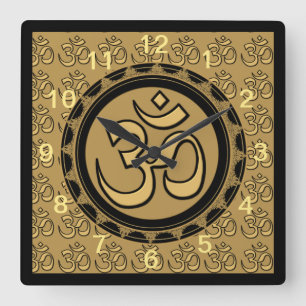 Om Meditation Gold Wall Clock Square