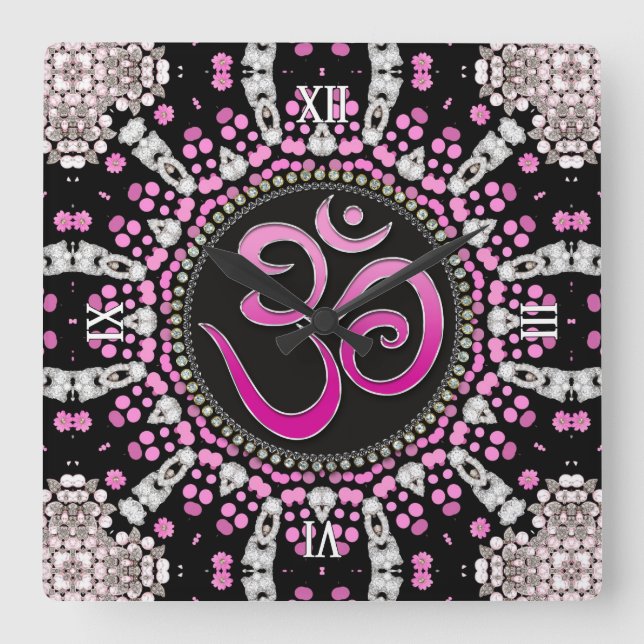OM Meditation Yoga Pink Diamond Mandala Wall Clock (Front)