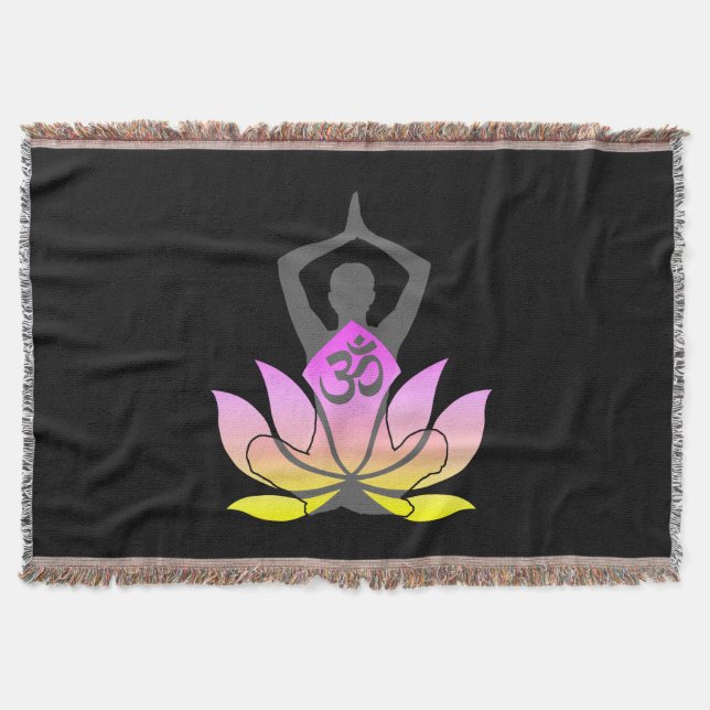 OM Namaste Spiritual Lotus Flower Yoga Colours Throw Blanket (Front)