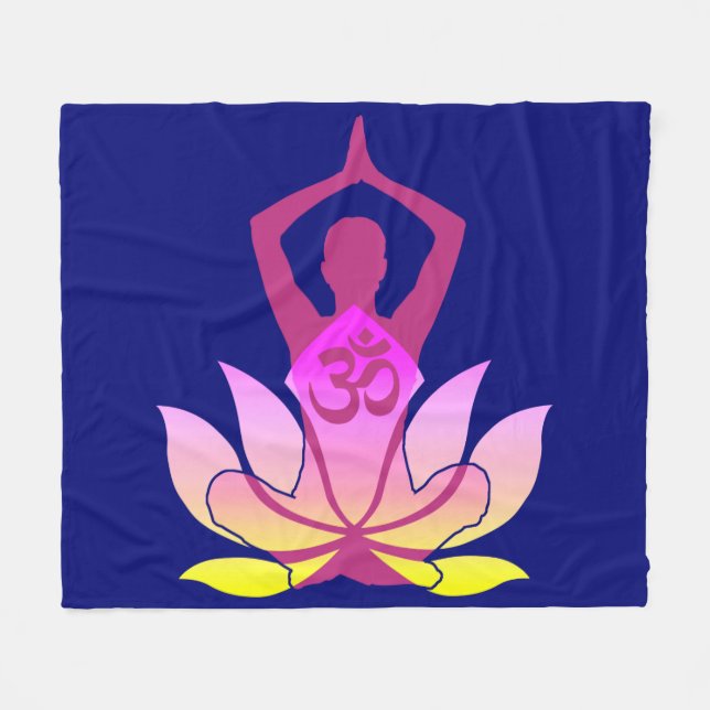 OM Namaste Spiritual Lotus Flower Yoga on Blue Fleece Blanket (Front (Horizontal))