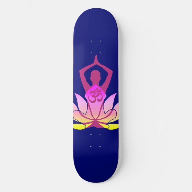 OM Namaste Spiritual Lotus Flower Yoga on Blue Skateboard (Front)