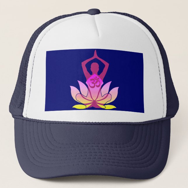 OM Namaste Spiritual Lotus Flower Yoga on Blue Trucker Hat (Front)