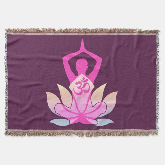 OM Namaste Spiritual Lotus Flower Yoga on Plum Throw Blanket (Front)