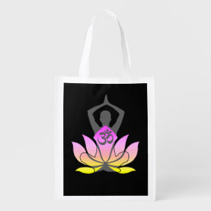 OM Namaste Spiritual Lotus Flower Yoga Pose Reusable Grocery Bag
