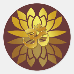 OM Omkara and Gold Coloured Lotus Flower Classic Round Sticker