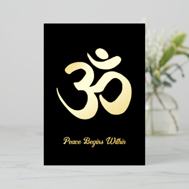 Om | Peace Begins Within | Breathing Meditation Foil Holiday Card (Standing Front)