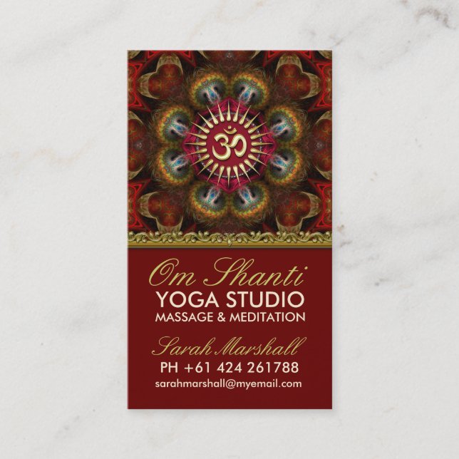 Om Shanti Yoga Red Gold Business Cards (Front)