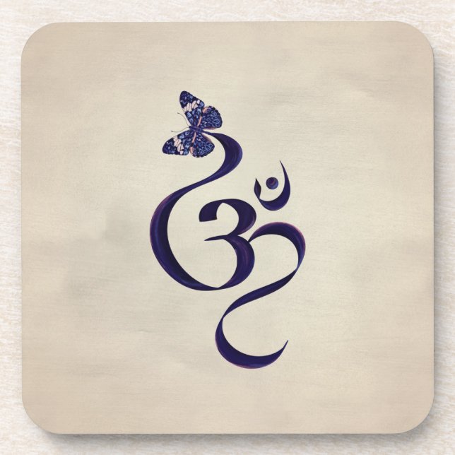 OM symbol and Butterfly - watercolor Coaster (Front)